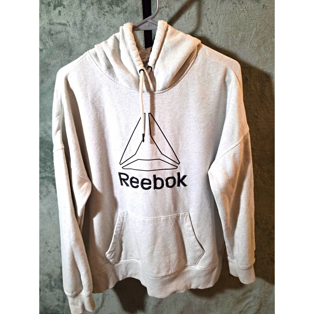 Reebok Logo Pullover Hoodie Men's Medium Oatmeal Fleece Kangaroo Pocket